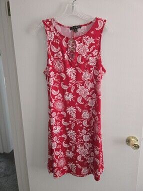 Lexington Avenue NYC Red Floral Midi Dress with Gold Ring Detail